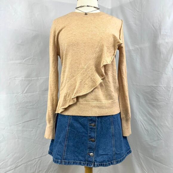J. CREW Tan Wool Long Sleeve Sweater Asymmetrical Ruffle Sz M Preppy Minimalist - Picture 1 of 6